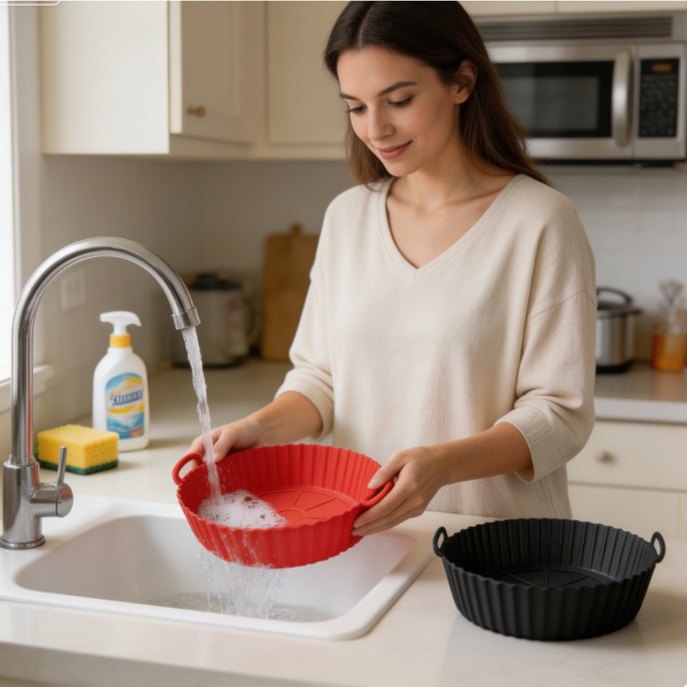Heat Mat Silicone - ถาดรองอบซิลิโคนทรงกลมสำหรับหม้อทอดไร้น้ำมัน ทนความร้อน ใช้ซ้ำได้ ไม่ติดกระทะ พร้อมหูจับ